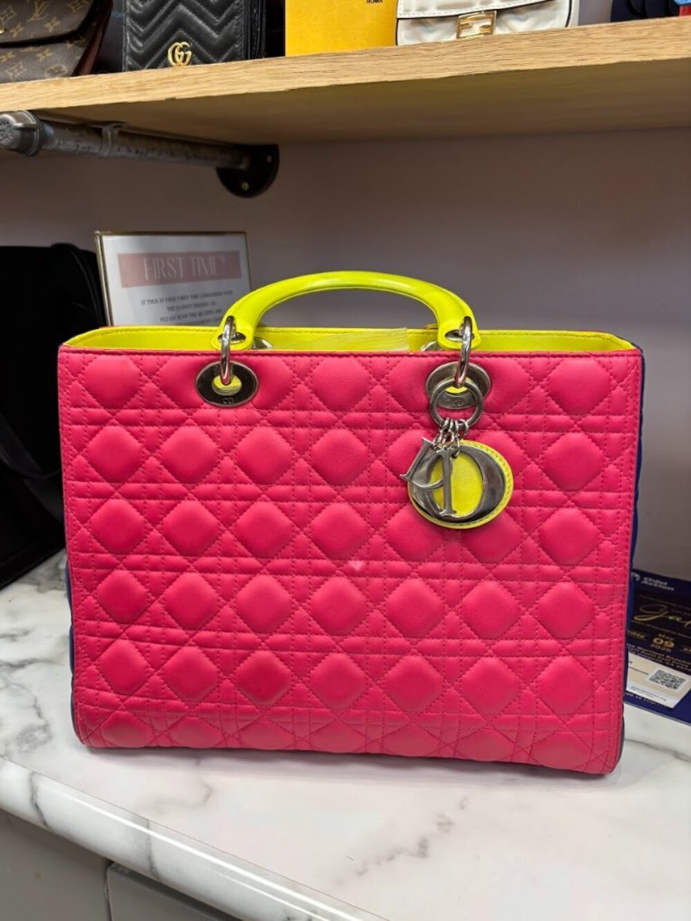 Christian Dior Large Tricolor Lambskin Cannage Lady - Pink/Cobalt/Neon